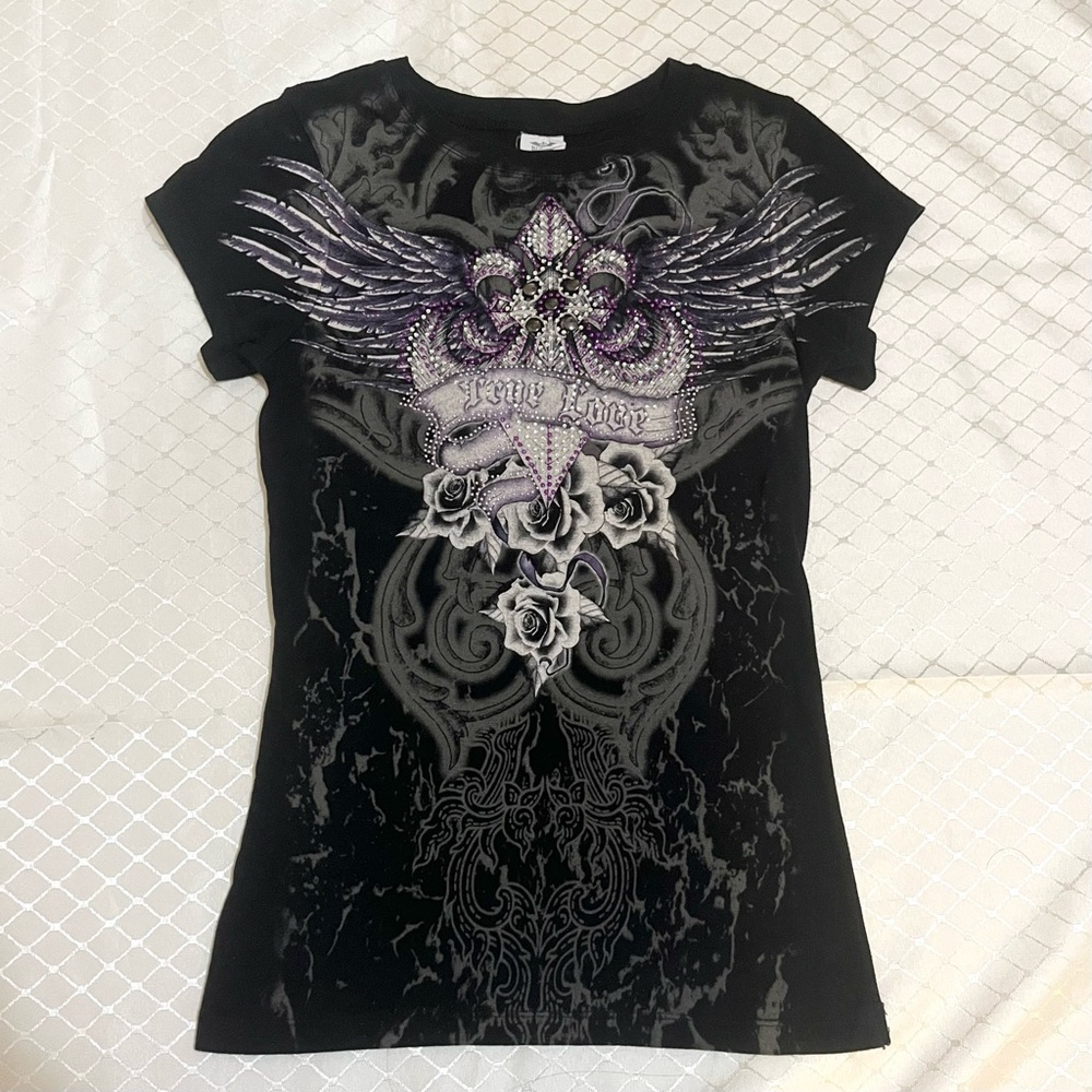 Hipjeans Black & Purple Bedazzled Graphic Affliction styled T-Shirt